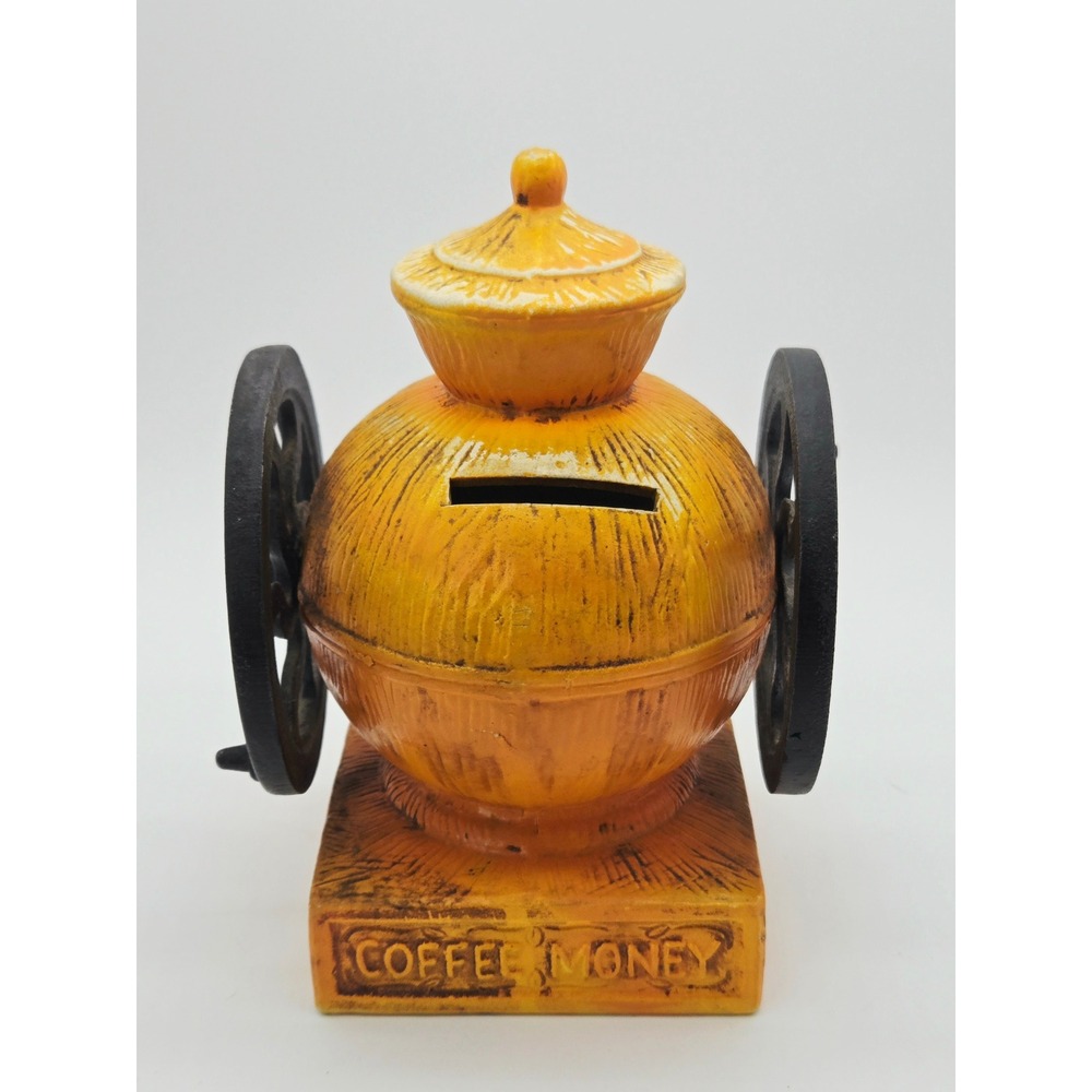 Vintage Coffee Money Ceramic Piggy Bank Grinder Mill Orange Farmhouse Decor